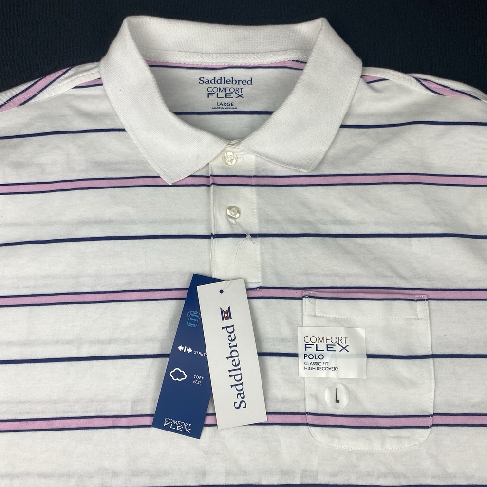 Saddlebred Polo‎ Shirt Mens Large White w/Pink-Blue Stripes Classic Fit